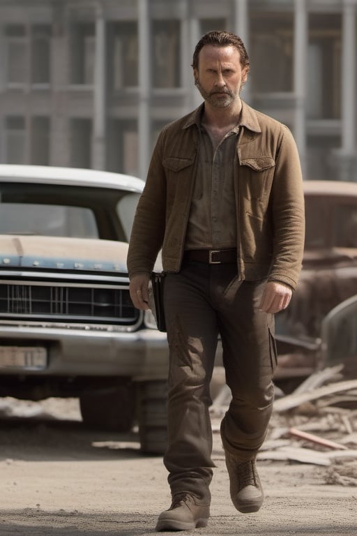 Andrew Lincoln, Rick Grimes, full body shot, zombies in background among ruins and cars in the street, rugged looking, not clean,Movie Still