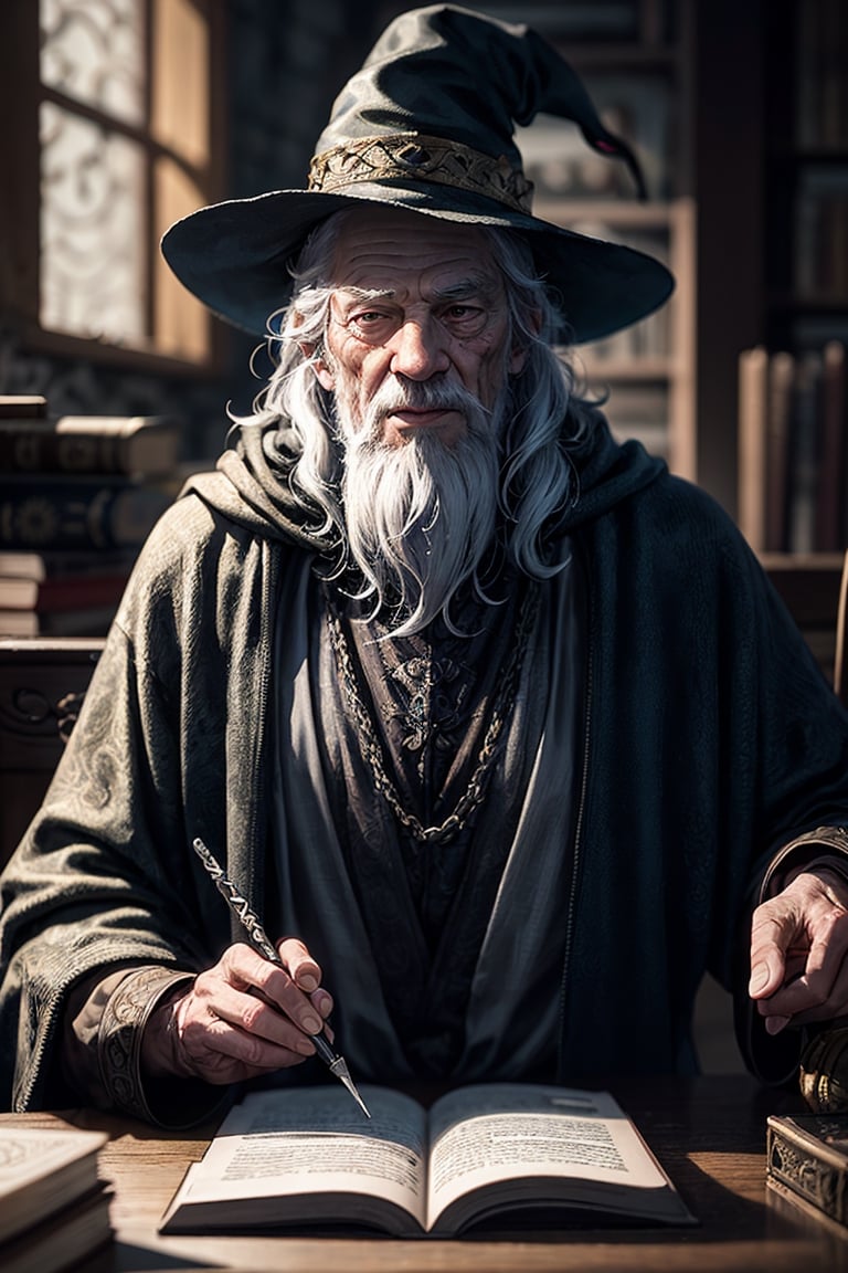 Ian McKellen, Gandalf took on the form of an old man with a long grey beard and a pointy hat. He was known for his wisdom, courage, and compassion. He was a skilled magician and a powerful warrior. Sitting at a desk reading an old tome full of ancient knowledge. Depth of field,High Light,real light,ray traced,OC Renderer,UE5 Renderer,Hyper-realistic,best-Quality, 8K,works of masters, correct anatomy, Game of Thrones, Renaissance Fantasy, more detail XL, More Detail, Lord of the Rings hobbit holes, --ar 9:16,More Detail