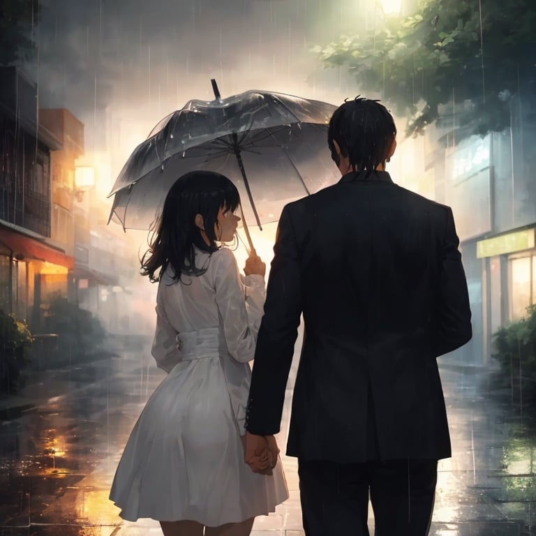 A man and a woman in the rain, the man stands still, the woman has her back turned, crying and leaving, no umbrella, long distance shot