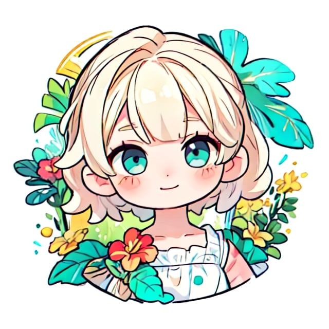 Circle,stickers,(masterpiece, top quality, best quality, official art, beautiful and aesthetic:1.2), (1girl:1.3), SharpEyess, smile,music,flower,colorful,face portrait, face close up,light_blonde_hair,ocean tropical island style,dress,Simple,Women Surplice Tropical 
Maxi Cami Summer Dress
