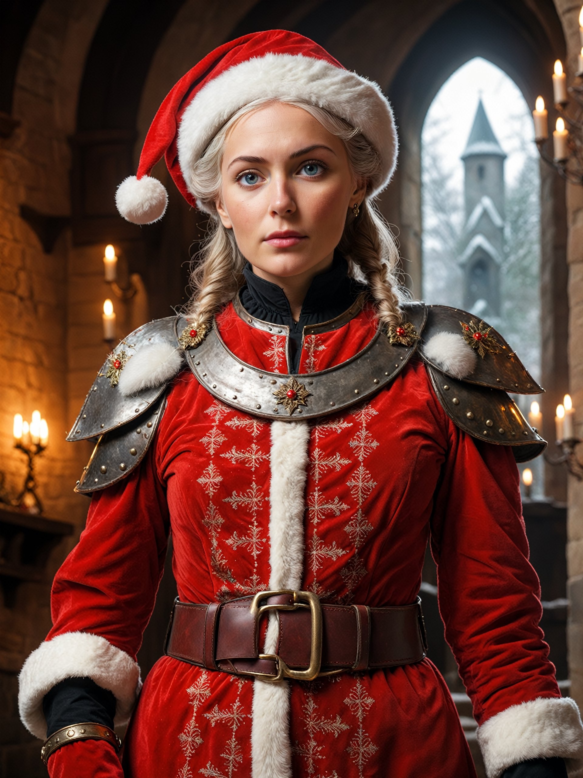 full body portrait photo of ((50 year old:1.3) motherly (old:1.3) grandma woman Mrs Claus:1.2) wearing a santa suit, standing in her cozy (medieval:1.33) manor on christmas day, wearing knightly brigandine armor, holding an arcane battleaxe, red armor with gold and black details,
(aw0k magnstyle:0.75), tall, (small head:1.5),

(ultra wide-angle long shot:1.1), 24mm, shot on RED, (full body:1.2), (low-angle shot, from below:1.3), SFW,

(perfect eyes:1.2), (perfect face:1.2), perfect hands, (perfect fingers:1.2), (perfect legs:0.5), beautiful hands, perfect teeth, (upturned eyes:1.3)

professional post-production with daVinci Resolve, ,aw0k magnstyle