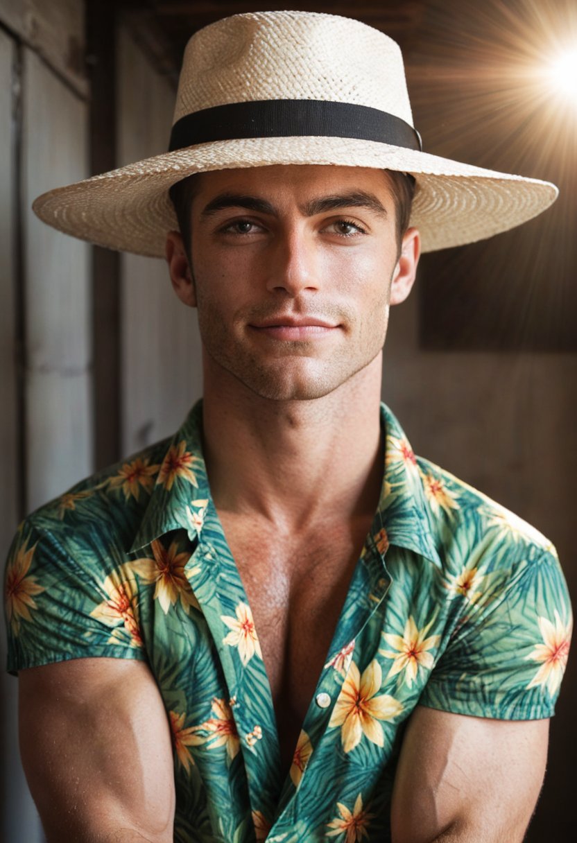 score_9_up, score_8_up, score_7_up, cinematic photo, dramatic lighting, dynamic pose, a handdsome 40yo brazilian-japanese wizard with a summer hat, hawaiian shirt and roman sandals, smirking, posing in front of a busy fruit stand at the beach. he has pale skin, red hair with blonde and black streaks, and beautiful mesmerizing upturned eyes. he holds a glowing potion in his hand as the sun rises over the understated wealth of a private estate and burns away the morning mist, god rays shine through the mist. He is slim but muscular with narrow hips and broad shoulders, with pagan syndicate tattoos all over his body. dynamic body position, exuding confidence with a thrust-forward chest, (predatory smile:0.5). 

Hishighly-detailed, realistic eyes sparkle with mesmerizing iris colors, drawing the viewer's gaze to his beautiful eyes. The dynamic interplay of the sun and mist adds to the vivid, comic art style-inspired aesthetic, highly-detailed eyes, expressive eyes.

his small head, thick neck, narrow torso, large thigh gap, and wide hips create a striking visual contrast to his colorful pagan tattoos. his breasts, apart yet covered by his ((blouse)), seem to invite attention. A seductive smile plays on his lips as she strikes a pose, his sassy expression radiating an air of vivaciousness.

More Reasonable Details, aesthetic erotic photography, vivacious. 
BREAK
professional color grading, 8k, by artgerm,