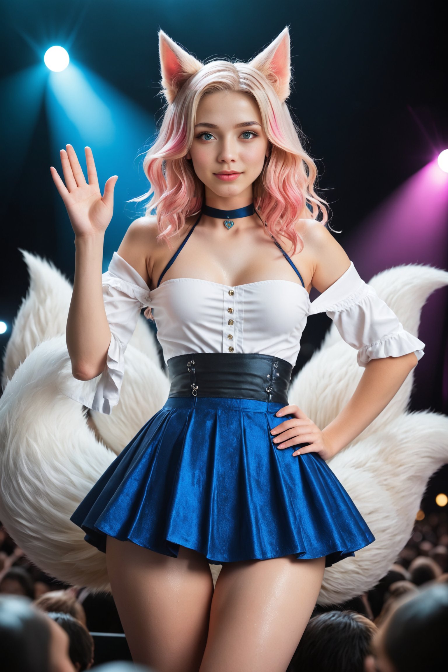 score_9, score_8_up, score_7_up,source_anime, raw, photo, Realistic Professional Photography, rating_safe, cinematic photo, BREAK, ahri_(league_of_legends), (league_of_legends), 1girl, Ahri, rosy pink blonde hair, duotone hair, wavy hair, baddest, (blue eyes), huge eyes, pixar eyes, dark eyeshadow, (pointy chin, narrow chin:1.3), facial marks, multicolored hair, skirt, thighstrap, thighs, fox ears, crystal, choker, two-part dress, two-tone dress, ((white top, covered chest)), off-shoulder, crystal shoulder guard, ((halterneck)), royal ((blue skirt, slit skirt)), black sash, slit dress, black trim, off shoulder, sleeves, (gloves, fingerless gloves), (((tails))), fox ears, (confident expression, predatory smile), singing, hand on hip, waving to viewer,

fit, medium breasts, (wide hips, (thigh gap):1.2), (curvy, plump:0.9), huge ass, (voluptuous goddess), thick lips, upturned breasts, natural saggy breasts, sweaty.

Soft glow illumination, (backlit, concert hall), KDA concert, on stage, audience in background, crowd of people in background, highly detailed background, highly detailed environment, detailed eyes,detailed face, expressive eyes, epic emotions, aesthetic portrait, bokeh, backlit, sunrise,vibrant colors,dramatic lighting,More Reasonable Details,