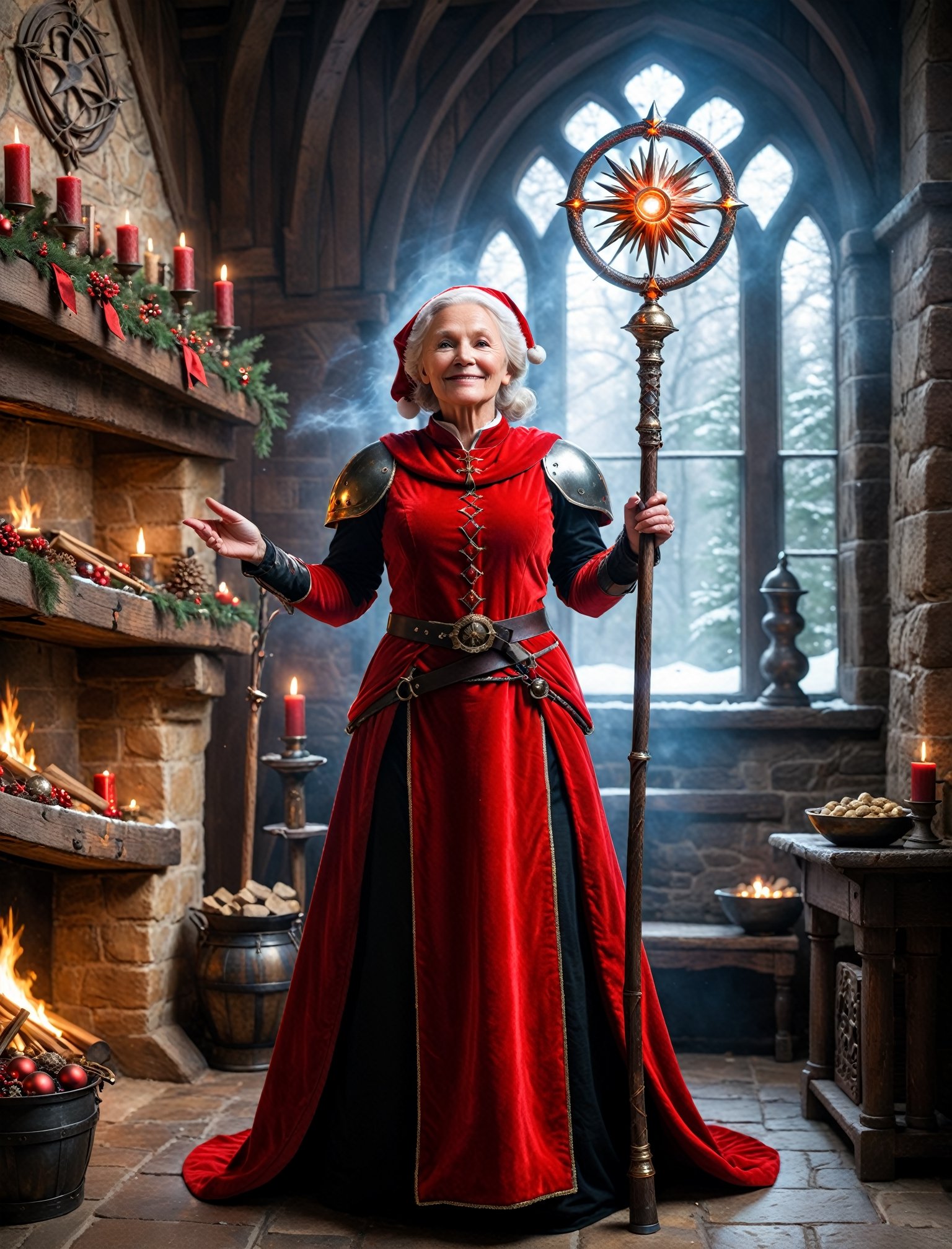 full body portrait photo of ((50 year old:1.3) motherly old grandma woman Mrs Claus:1.2) wearing a (santa suit:1.3), esoteric wizardcore sorceress knight, standing in her cozy mystical (medieval:1.33) manor workshop on christmas day, wearing knightly brigandine armor, ((holding an arcane (staff:1.33):1.44) tipped with a glowing radiant stormfrost crystal:1.33), red armor with gold and black details, 

photo r3al, detailmaster2, better_hands, hands, five_finger,

(aw0k magnstyle:0.75), tall, (small head:1.5),

(ultra wide-angle long shot:1.1), 24mm, shot on RED, (full body:1.2), (low-angle shot, from below:1.3), SFW,

(perfect eyes:1.2), (perfect face:1.2), perfect hands, (perfect fingers:1.2), (perfect legs:0.5), beautiful hands, perfect teeth, (upturned eyes:1.3)

professional post-production with daVinci Resolve, ,aw0k magnstyle