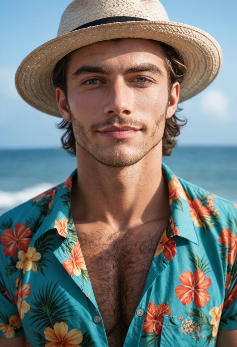 score_9_up, score_8_up, score_7_up, cinematic photo, dramatic lighting, dynamic pose, a handdsome 40yo brazilian-japanese wizard with a summer hat, hawaiian shirt and roman sandals, smirking, posing in front of a busy fruit stand at the beach. he has pale skin, red hair with blonde and black streaks, and beautiful mesmerizing upturned eyes. he holds a glowing potion in his hand as the sun rises over the understated wealth of a private estate and burns away the morning mist, god rays shine through the mist. He is slim but muscular with narrow hips and broad shoulders, with pagan syndicate tattoos all over his body. dynamic body position, exuding confidence with a thrust-forward chest, (predatory smile:0.5). 

Hishighly-detailed, realistic eyes sparkle with mesmerizing iris colors, drawing the viewer's gaze to his beautiful eyes. The dynamic interplay of the sun and mist adds to the vivid, comic art style-inspired aesthetic, highly-detailed eyes, expressive eyes.

his small head, thick neck, narrow torso, large thigh gap, and wide hips create a striking visual contrast to his colorful pagan tattoos. his breasts, apart yet covered by his ((blouse)), seem to invite attention. A seductive smile plays on his lips as she strikes a pose, his sassy expression radiating an air of vivaciousness.

More Reasonable Details, aesthetic erotic photography, vivacious. 
BREAK
professional color grading, 8k, by artgerm,