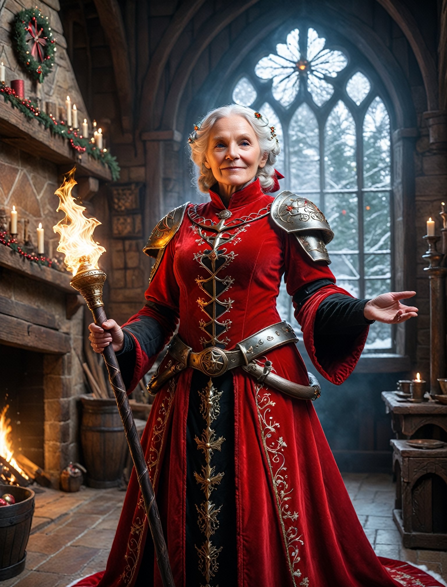 full body portrait photo of ((50 year old:1.3) motherly old grandma woman Mrs Claus:1.2) wearing a (santa suit:1.3), esoteric wizardcore sorceress knight, standing in her cozy mystical (medieval:1.33) manor workshop on christmas day, wearing knightly brigandine armor, ((holding an arcane (staff:1.33):1.44) tipped with a glowing radiant stormfrost crystal:1.33), red armor with gold and black details, 

photo r3al, detailmaster2, better_hands, hands, five_finger,

(aw0k magnstyle:0.75), tall, (small head:1.5),

(ultra wide-angle long shot:1.1), 24mm, shot on RED, (full body:1.2), (low-angle shot, from below:1.3), SFW,

(perfect eyes:1.2), (perfect face:1.2), perfect hands, (perfect fingers:1.2), (perfect legs:0.5), beautiful hands, perfect teeth, (upturned eyes:1.3)

professional post-production with daVinci Resolve, ,aw0k magnstyle