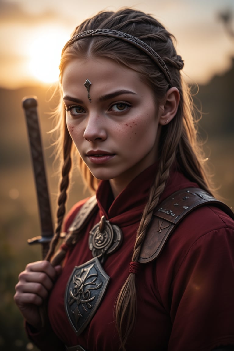 cinematic film still of young girl, cosplay, warrior, wizard, costume, fighting, monster, magic, knight, sharp focus, light aura, witchcraftshot on a Sony A7r III, Voigtlander 35mm F2 APO-Lanthar, ISO 50, 1/250th sec, f/8, natural light. very detailed, high resolution photography, soft illumination, sunrise backlighting, professional color grading with with DaVinci Resolve, -0.5 stops exposure compensation to keep the reds from overloading, muted skin colors, perfectly clear, sharp focus on subject, detailed skin, imperfect skin texture, skin pores