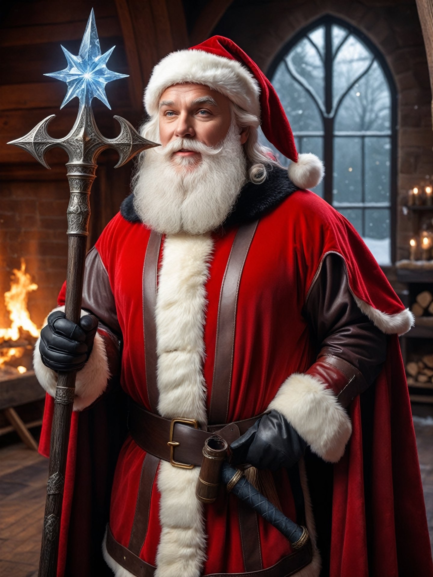 Highly detailed RAW color Photo, candid photo of (Santa Claus:1.3) wearing a (leather santa suit:1.3), (masterpiece:1.2), (best quality:1.2), ultra-detailed, absurdres, realistic, photorealistic, hyperdetailed photography, (extremely detailed:1.2), intricate detail, (ultra wide-angle long shot:1.1), , Canon 8k DSLR, Leica SL-2 24mm f/2.8, (full body:1.2)

esoteric wizardcore sorcerer knight, standing in his cozy mystical (medieval:1.33) manor workshop on christmas day, wearing knightly brigandine armor, ((holding an arcane (staff:1.22):1.44) tipped with a glowing stormfrost crystal:1.33), red armor with gold and black details, 

photo r3al, detailmaster2, better_hands, hands, five_finger,

aw0k magnstyle, tall, (small head:1.5),

(perfect eyes:1.2), (perfect face:1.2), perfect hands, (perfect fingers:1.2), (perfect legs:0.5), beautiful hands, perfect teeth, (upturned eyes:1.3)

professional post-production with daVinci Resolve,