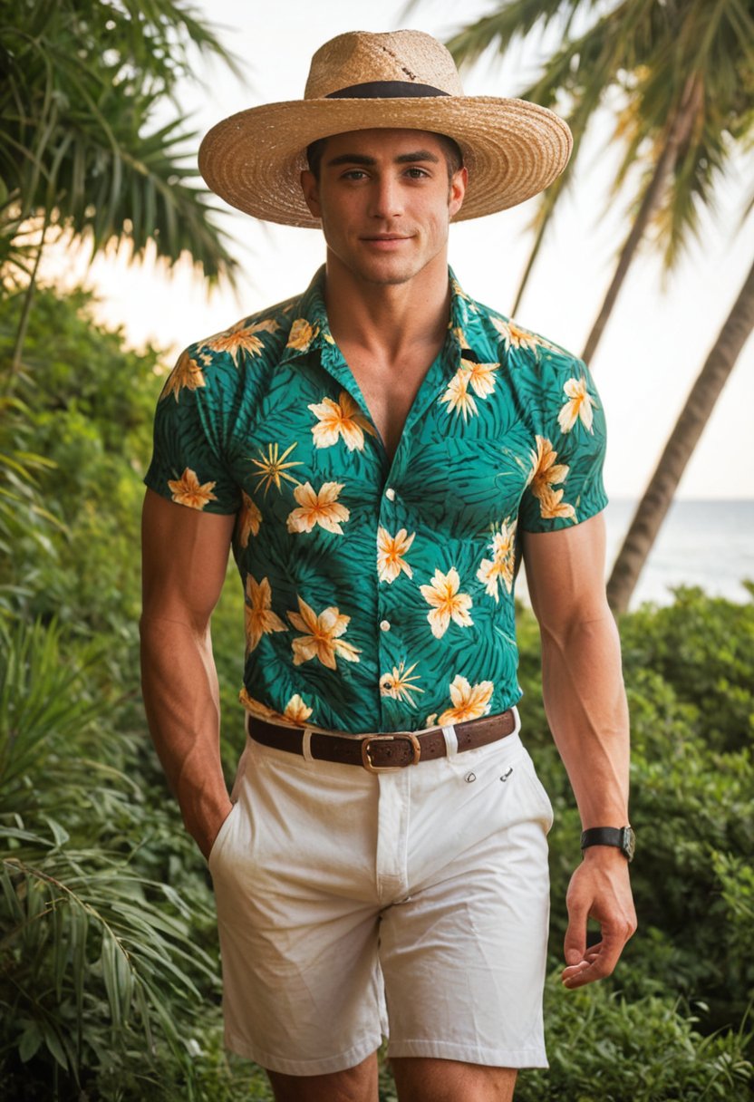 score_9_up, score_8_up, score_7_up, cinematic photo, dramatic lighting, dynamic pose, a handdsome 40yo brazilian-japanese wizard with a summer hat, hawaiian shirt and roman sandals, smirking, posing in front of a busy fruit stand at the beach. he has pale skin, red hair with blonde and black streaks, and beautiful mesmerizing upturned eyes. he holds a glowing potion in his hand as the sun rises over the understated wealth of a private estate and burns away the morning mist, god rays shine through the mist. He is slim but muscular with narrow hips and broad shoulders, with pagan syndicate tattoos all over his body. dynamic body position, exuding confidence with a thrust-forward chest, (predatory smile:0.5). 

Hishighly-detailed, realistic eyes sparkle with mesmerizing iris colors, drawing the viewer's gaze to his beautiful eyes. The dynamic interplay of the sun and mist adds to the vivid, comic art style-inspired aesthetic, highly-detailed eyes, expressive eyes.

his small head, thick neck, narrow torso, large thigh gap, and wide hips create a striking visual contrast to his colorful pagan tattoos. his breasts, apart yet covered by his ((blouse)), seem to invite attention. A seductive smile plays on his lips as she strikes a pose, his sassy expression radiating an air of vivaciousness.

More Reasonable Details, aesthetic erotic photography, vivacious. 
BREAK
professional color grading, 8k, by artgerm,