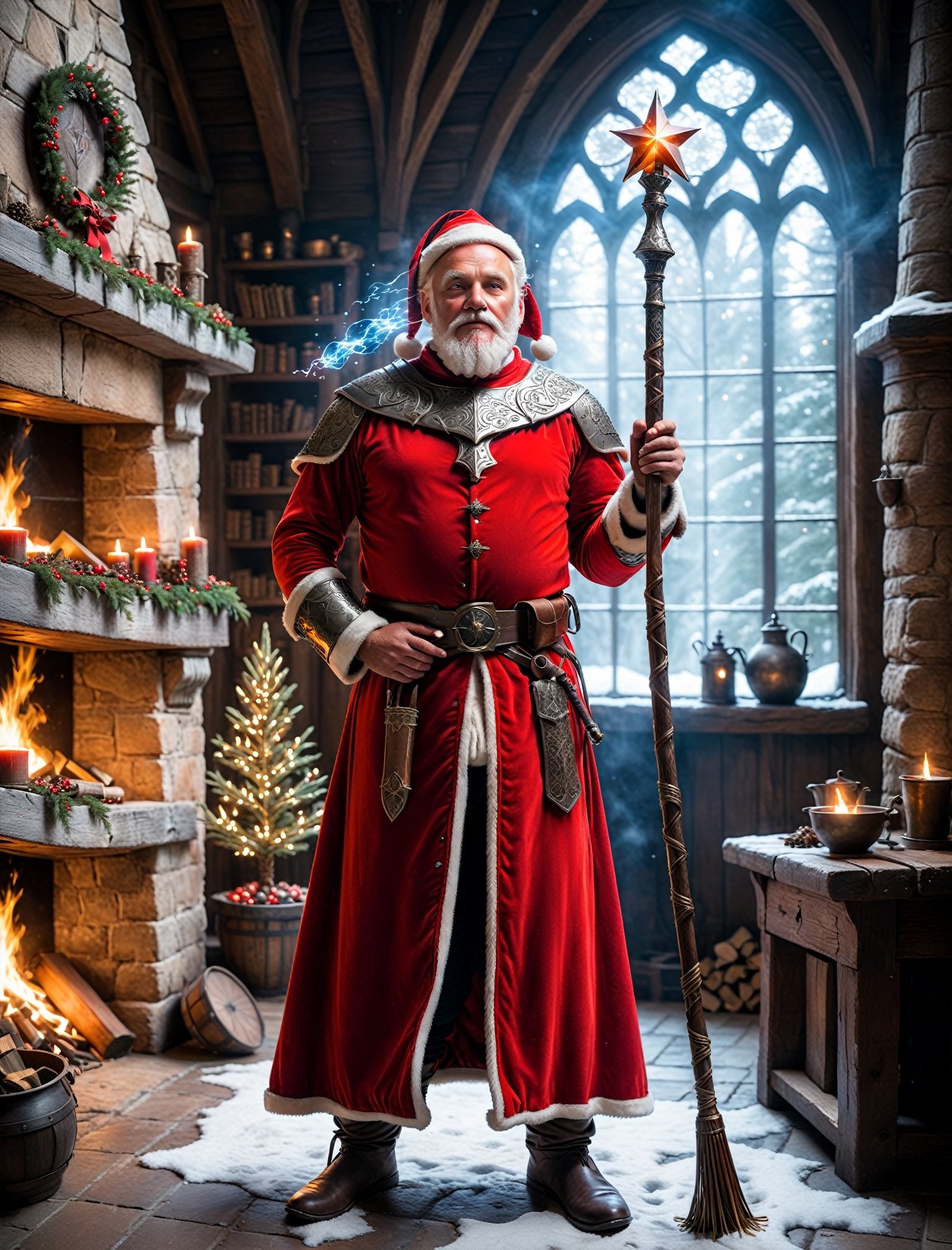 full body portrait photo of (Santa Claus:1.3) wearing a (santa suit:1.3), esoteric wizardcore sorcerer knight, standing in his cozy mystical (medieval:1.33) manor workshop on christmas day, wearing knightly brigandine armor, ((holding an arcane (staff:1.33):1.44) tipped with a glowing radiant stormfrost crystal:1.33), red armor with gold and black details, 

photo r3al, detailmaster2, better_hands, hands, five_finger,

(aw0k magnstyle:0.75), tall, (small head:1.5),

(ultra wide-angle long shot:1.1), 24mm, shot on RED, (full body:1.2), (low-angle shot, from below:1.3), SFW,

(perfect eyes:1.2), (perfect face:1.2), perfect hands, (perfect fingers:1.2), (perfect legs:0.5), beautiful hands, perfect teeth, (upturned eyes:1.3)

professional post-production with daVinci Resolve, ,aw0k magnstyle