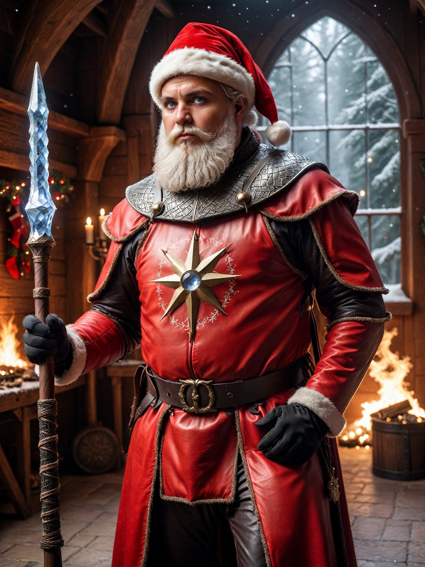 Highly detailed RAW color Photo, candid photo of (Santa Claus:1.3) wearing a (leather santa suit:1.3), (masterpiece:1.2), (best quality:1.2), ultra-detailed, absurdres, realistic, photorealistic, hyperdetailed photography, (extremely detailed:1.2), intricate detail, (ultra wide-angle long shot:1.1), , Canon 8k DSLR, Leica SL-2 24mm f/2.8, (full body:1.2)

esoteric wizardcore sorcerer knight, standing in his cozy mystical (medieval:1.33) manor workshop on christmas day, wearing knightly brigandine armor, ((holding an arcane (staff:1.22):1.44) tipped with a glowing stormfrost crystal:1.33), red armor with gold and black details, 

photo r3al, detailmaster2, better_hands, hands, five_finger,

aw0k magnstyle, tall, (small head:1.5),

(perfect eyes:1.2), (perfect face:1.2), perfect hands, (perfect fingers:1.2), (perfect legs:0.5), beautiful hands, perfect teeth, (upturned eyes:1.3)

professional post-production with daVinci Resolve,