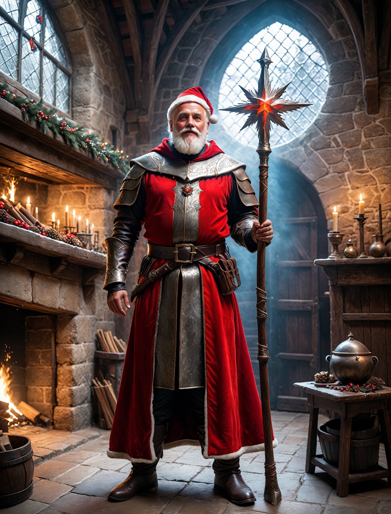 full body portrait photo of (Santa Claus:1.3) wearing a (leather santa suit:1.3), esoteric wizardcore sorcerer knight, standing in his cozy mystical (medieval:1.33) manor workshop on christmas day, wearing knightly brigandine armor, ((holding an arcane (staff:1.33):1.44) tipped with a glowing radiant stormfrost crystal:1.33), red armor with gold and black details, 

photo r3al, detailmaster2, better_hands, hands, five_finger,

(aw0k magnstyle:0.75), tall, (small head:1.5),

(ultra wide-angle long shot:1.1), 24mm, shot on RED, (full body:1.2), (low-angle shot, from below:1.3), SFW,

(perfect eyes:1.2), (perfect face:1.2), perfect hands, (perfect fingers:1.2), (perfect legs:0.5), beautiful hands, perfect teeth, (upturned eyes:1.3)

professional post-production with daVinci Resolve, ,aw0k magnstyle