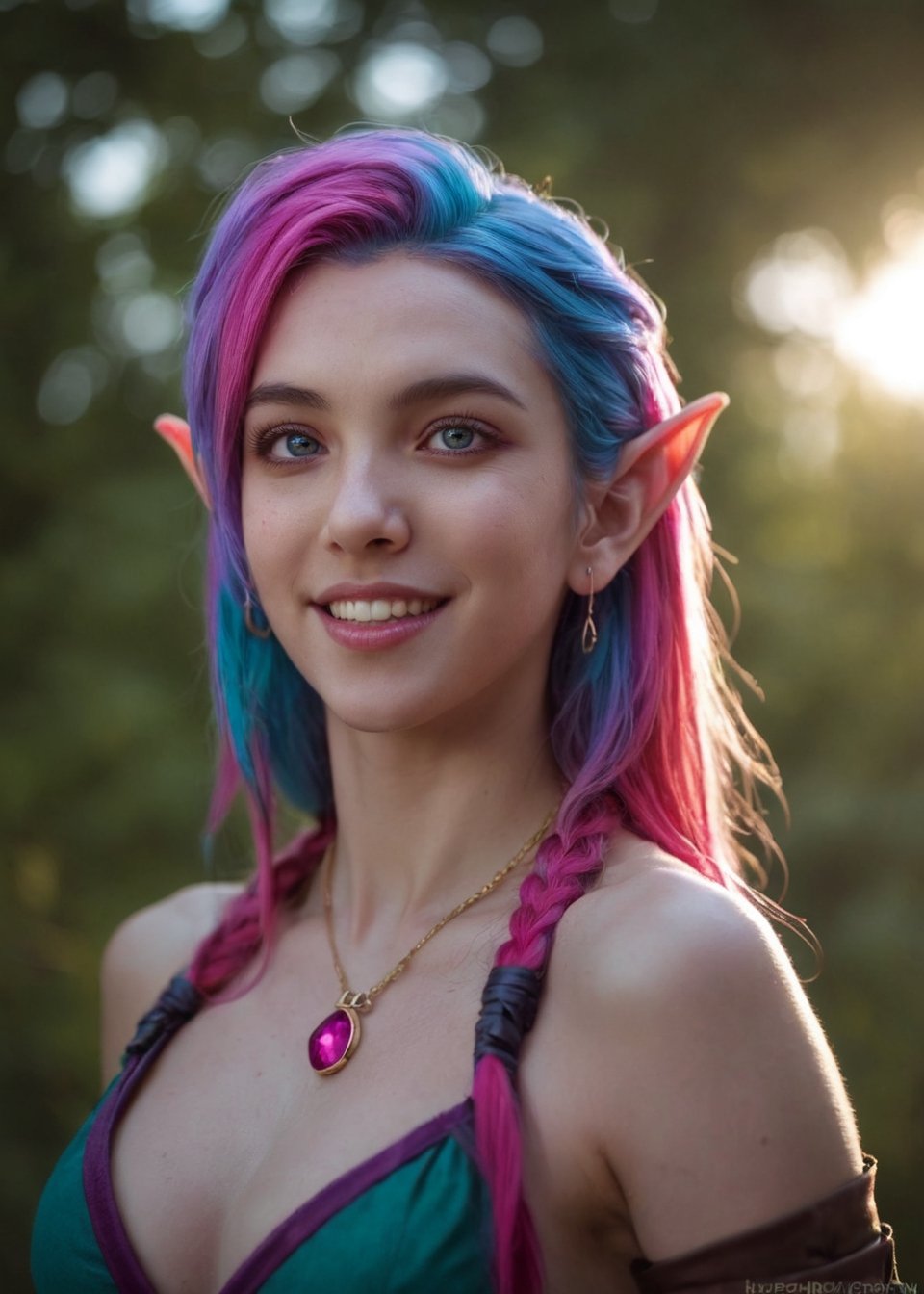 candid photo, wide-angle long shot,  cinematic scene, a beautiful (elf:1.3) woman, (jinx (league of legends):0.5), multicolored dutone two-tone gradient (blonde:0.25) (purple:0.5) (rainbow:1.3) (auburn:0.5) hair, hyperdetailed photography, realistic, freckles, small head, upturned eyes, extremely horny expression, sassy smirk, eye_glow, pink_eyes, pink_iris, (blue hair:0.05), necklace, earrings,