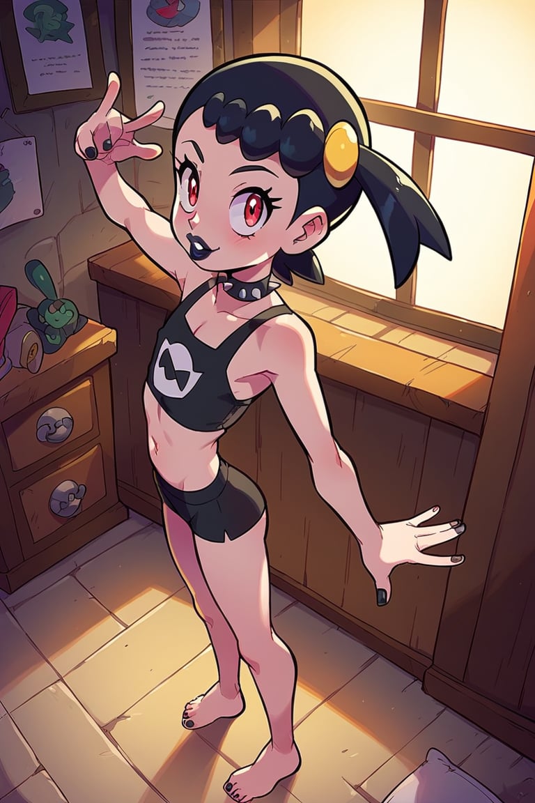 score_9, score_8_up, score_7_up, score_6_up, inside a house, flat chested,  underage body, looks at viewer, full body, cartoon, Pokemon X & Y artstyle, dynamic pose, from side, from above, sexy pose, red eyes, caucasion, standing, small little girl body, cute face, good lighting, Bonnie from Pokemon X & Y, skinny, black hair, side ponytail, good lighting, black nails, black lipstick , goth clothing, black spiked choker