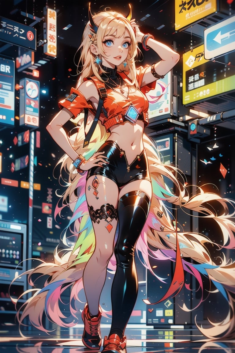 full body, long shot, red eyes, evil, golden, shiny, blonde hair, high details, perfect eyes, color magic, tech clothing, head to toe display, better body, long hair, neon light,1 girl
