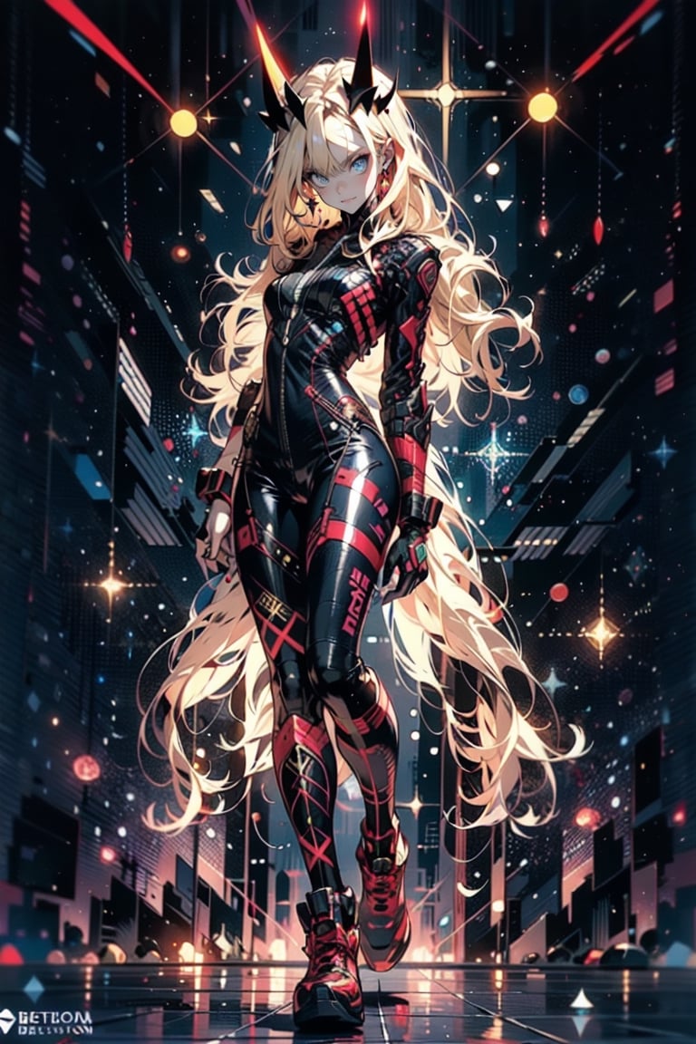 full body, long shot, red eyes, evil, golden, shiny, blonde hair, high details, perfect eyes, color magic, tech clothing, head to toe display, better body, long hair, neon light