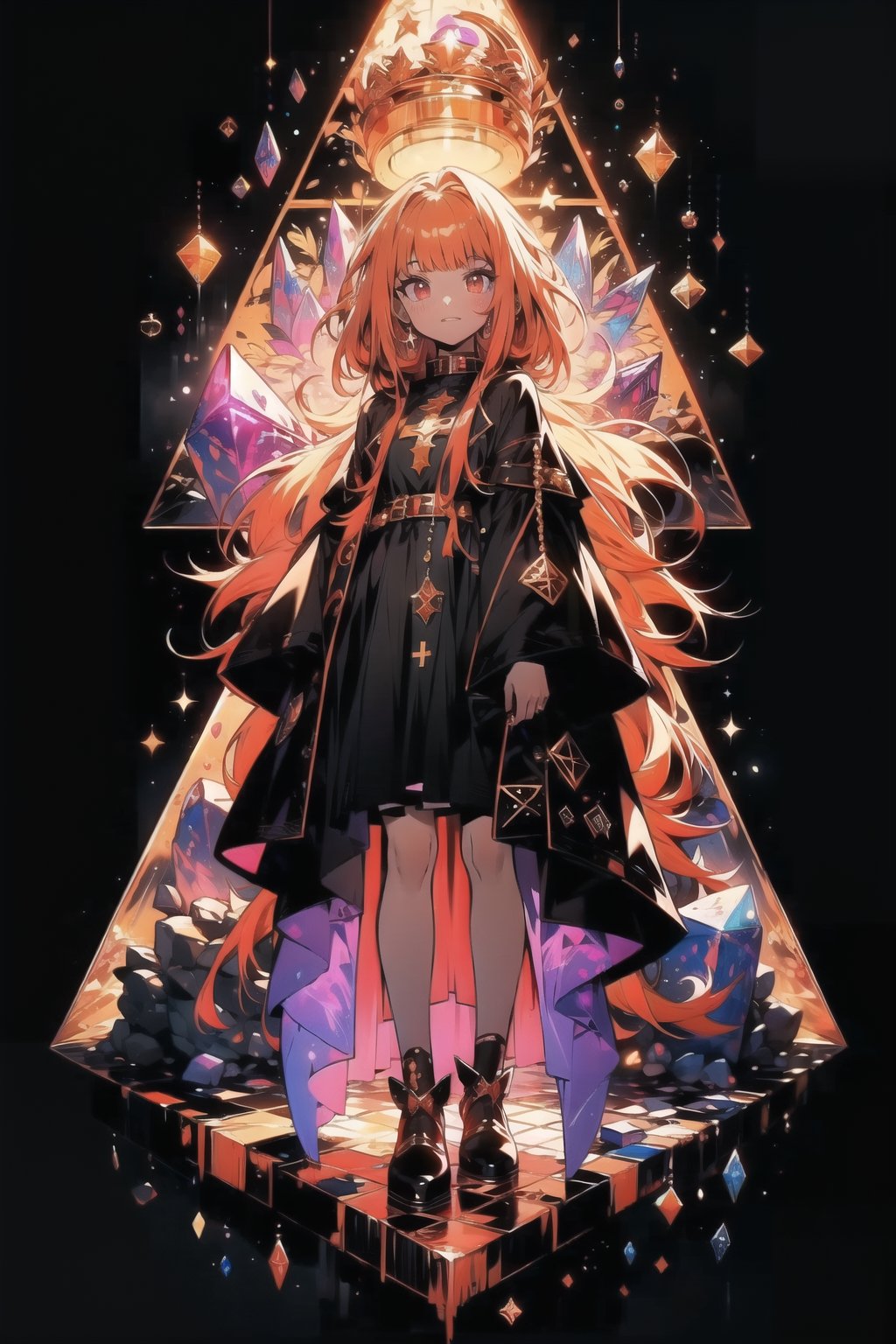 full body, long shot, red eyes, evil, golden, shiny, golden hair, high details, perfect eyes, color magic, crystal cave scene, ochako, better witch, long hair, edge Gesugao, multi-aperture behind, cross black Star,1 girl,isometric,inter_course