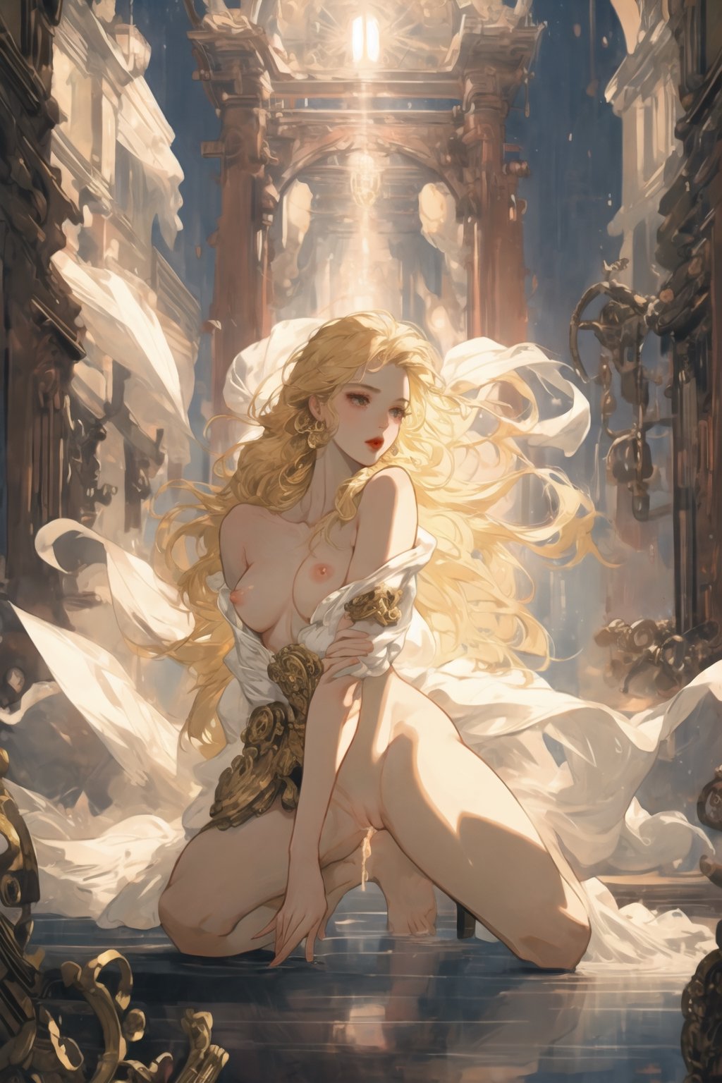 steampunk architecture background, the girl has (Mechanical left arm), (mechanical right leg),(best aesthetic nipple),yellow long hair,full_body,red lip, sexy position,The scene exudes an ethereal and dreamy atmosphere, with a touch of mystery and sexiness. The graphic style blends watercolor and digital illustration techniques to evoke a refined beauty and charm. The lights are filled with soft light, casting soft highlights and shadows on her charming features, front light, Bare thighs, three-dimensional facial features, red clear eyes, nude, nsfw, peeing, open legs, cum_leak
