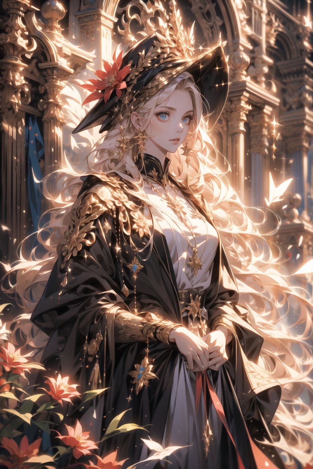 A young women wearing a future army uniform, with a wizard hat, countless glass shards, magic aperture, and crimson flowers,GdClth