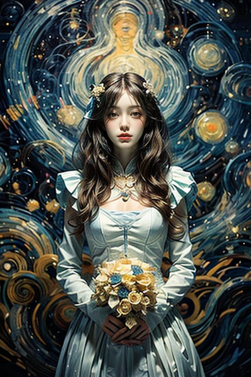 The portrait of a beautiful girl with golden silky long hair and dreamy contact lenses is centered and the composition is in perfect proportions. It combines Van Gogh's blue "Starry Night" color, Dali's Surrealism, and Mucha's Art Nouveau style to present A harmonious dream where reality and fantasy are blurred. The wedding is full of fantasy flowers, complexity and mystery. light and shadow. she wears a white transparent chest open bottomless wedding dress.
