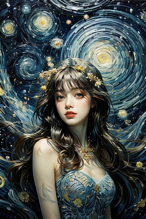 The portrait of a beautiful girl with golden silky long hair and dreamy contact lenses is centered and the composition is in perfect proportions. It combines Van Gogh's blue "Starry Night" color, Dali's Surrealism, and Mucha's Art Nouveau style to present A harmonious dream where reality and fantasy are blurred. The wedding is full of fantasy flowers, complexity and mystery. light and shadow.
