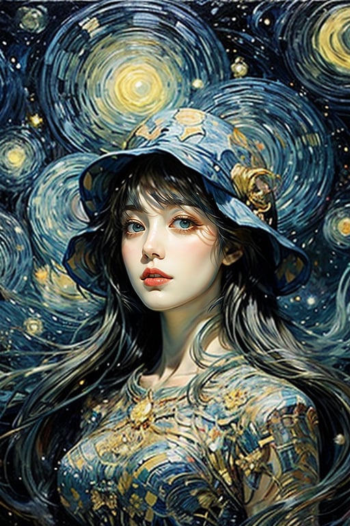 The portrait of a beautiful girl with golden silky long hair and dreamy contact lenses is centered and the composition is in perfect proportions. It combines Van Gogh's blue "Starry Night" color, Dali's Surrealism, and Mucha's Art Nouveau style to present A harmonious dream where reality and fantasy are blurred. The wedding is full of fantasy flowers, complexity and mystery. light and shadow.
