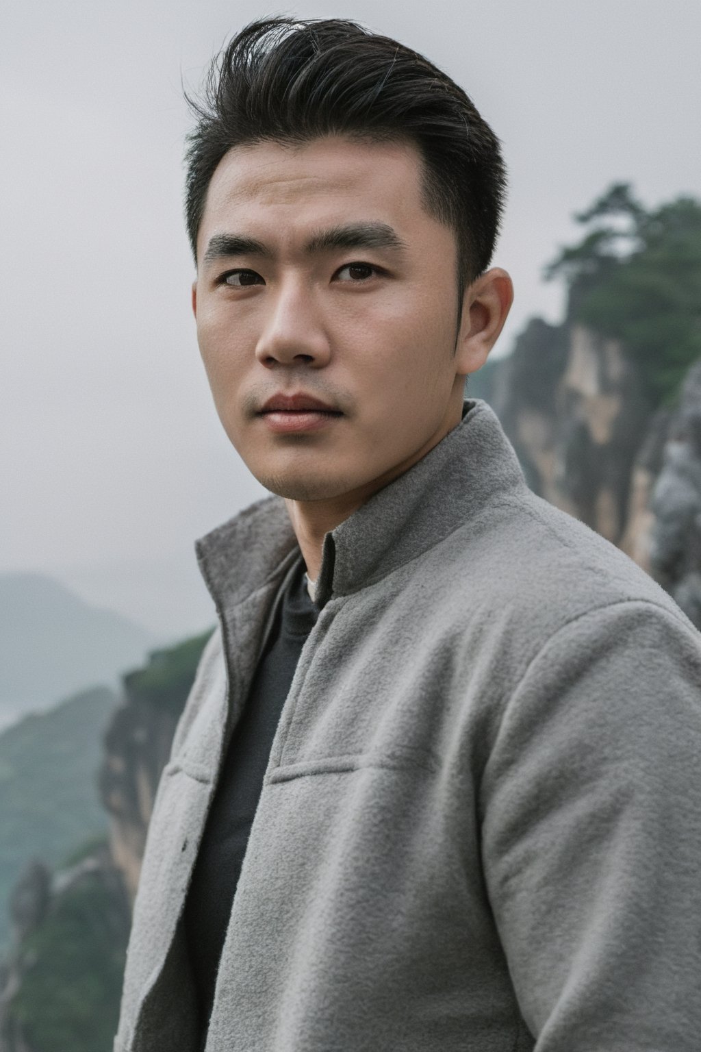 A handsome man dressed in gray stood straight at the top of the cliff and he had a big Tang character on his chest
, top model face,chinese,insanely detailed and intricate, full body shot, looking at the camera , camera used canon wide frame, 22mm lens, sexy face, (photorealistic:1.4, realistic), highly detailed CG unified 8K wallpapers,  8k uhd, dslr, soft lighting, high quality, film grain, Fujifilm XT3, (close up shot:1.2), realism, realistic photo,chinese, realistic,aesthetic portrait,male