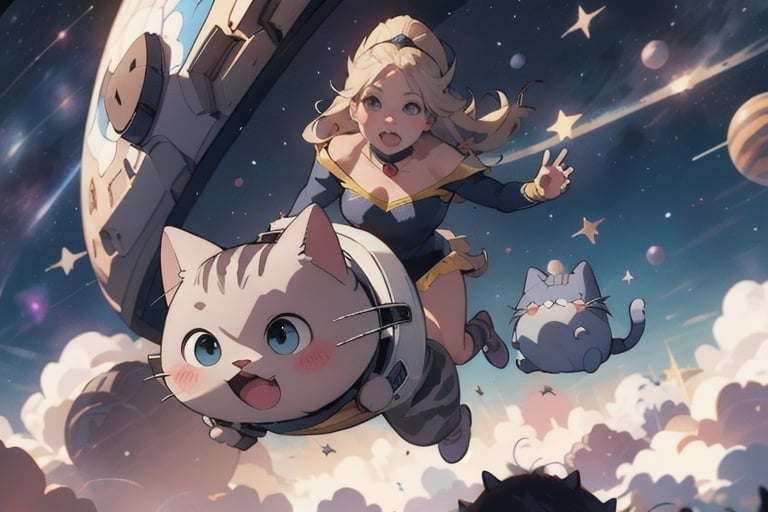 a beautiful girl and a cat flying in the sky like Superman with a space helmet on its head,Pusheen,superwoman (mary batson),felicia_blackcat_aiwaifu,DonMC3l3st14l3xpl0r3rsXL,FFIXBG