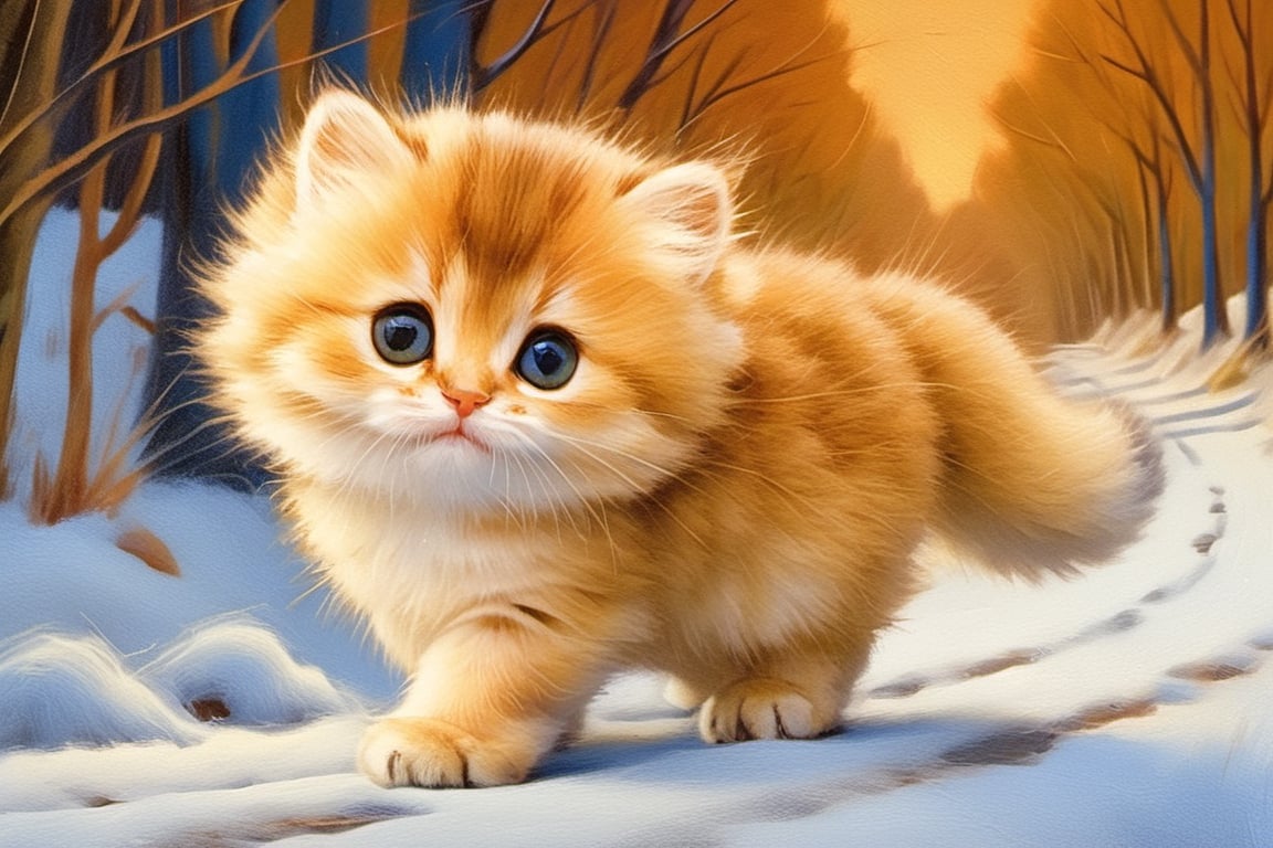 a small and cute baby cat walking away from the camera along a wide, well-established path through the forest in vibrant color. It is wintertime, oil painting, ultra-detailed fur, expressive eyes and face, playful attitude, vibrant colors, fine brushstrokes, luxurious textures, impressive shading, studio lighting, contrast between light and shadow,cat,aw0k cat,Xxmix_Catecat,jinjianceng,Colourful cat ,night city,cyber,design