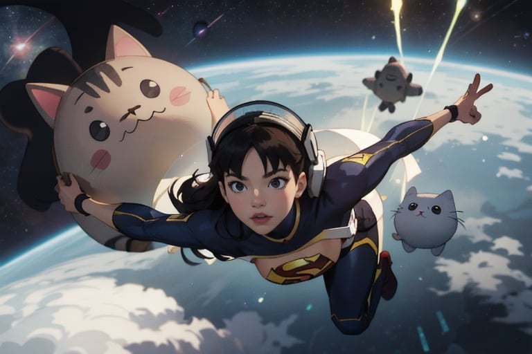 A cat flying in the sky like Superman with a space helmet on its head,Pusheen,superwoman (mary batson)