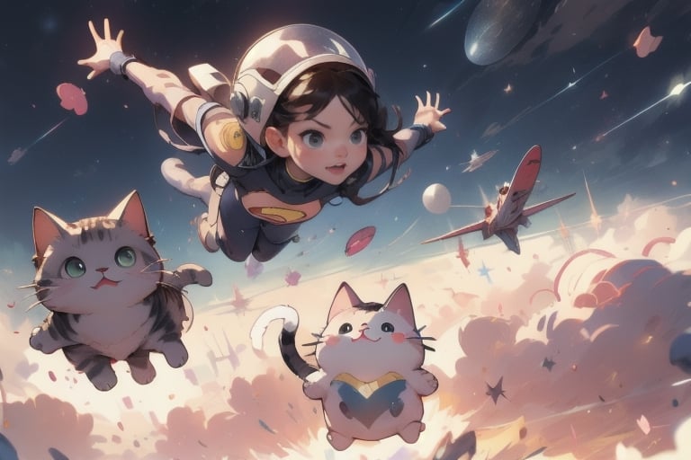 a beautiful girl and a cat flying in the sky like Superman with a space helmet on its head,Pusheen,superwoman (mary batson),felicia_blackcat_aiwaifu,DonMC3l3st14l3xpl0r3rsXL,LODBG,ChineseWatercolorPainting,candyland,DonMR0s30rd3r