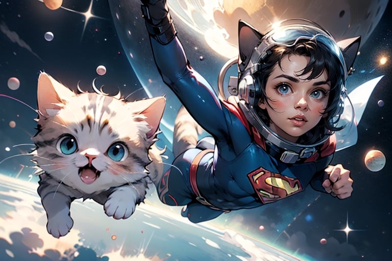 A beautiful girl and her cat wearing space helmets on their heads and flying around the small round blue earth like Superman,mgln