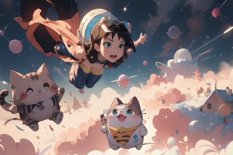 a beautiful girl and a cat flying in the sky like Superman with a space helmet on its head,Pusheen,superwoman (mary batson),felicia_blackcat_aiwaifu,DonMC3l3st14l3xpl0r3rsXL,LODBG,ChineseWatercolorPainting,candyland