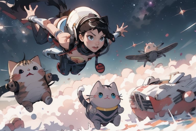 a beautiful girl and a cat flying in the sky like Superman with a space helmet on its head,Pusheen,superwoman (mary batson),felicia_blackcat_aiwaifu,DonMC3l3st14l3xpl0r3rsXL,LODBG,ChineseWatercolorPainting,candyland,DonMR0s30rd3r,mecha