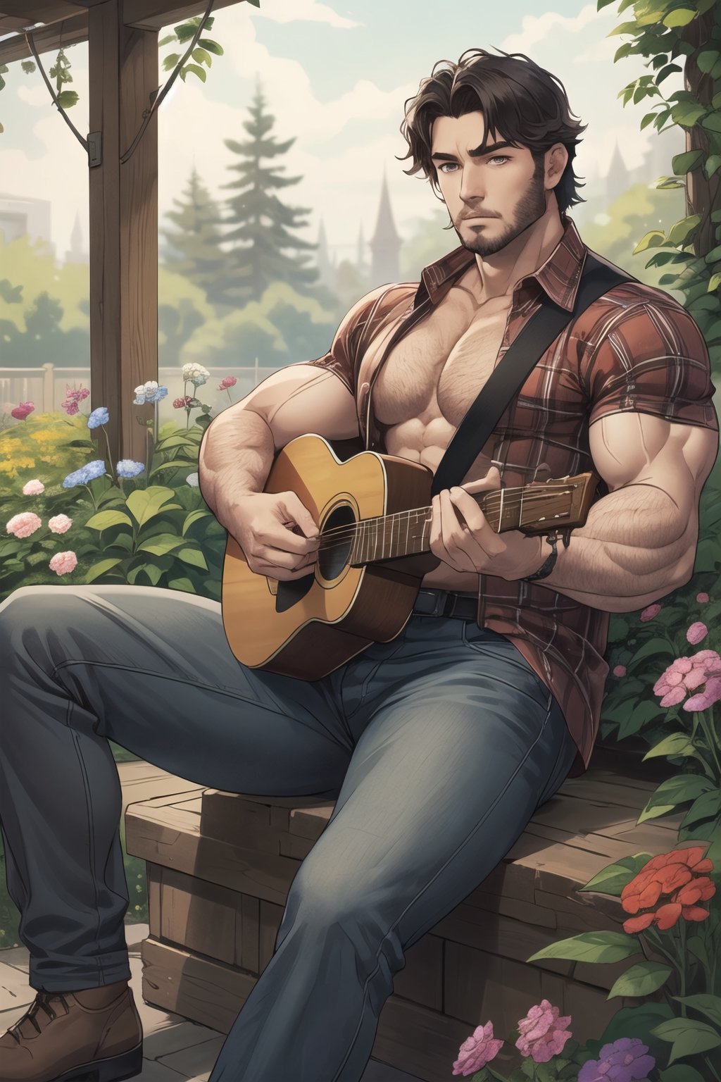 (1man),sitting, body building, muscular man, manly,  Muscular,muscular,best quality, plaid shirt, Sexy Muscular, playing folk guitar, garden background , long pants