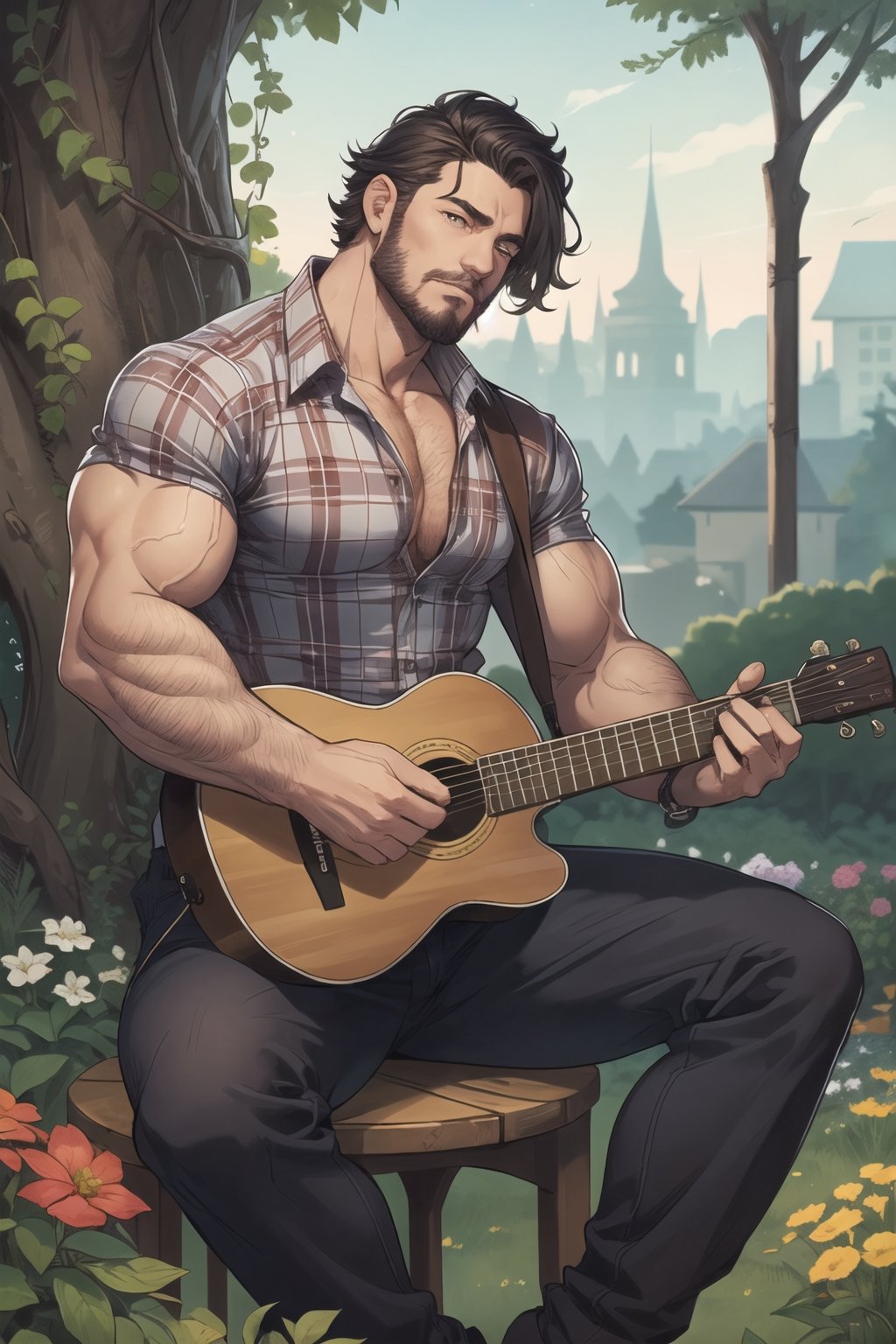 (1man),sitting, body building, muscular man, manly,  Muscular,muscular,best quality, plaid shirt, Sexy Muscular, playing folk guitar, garden background , long pants