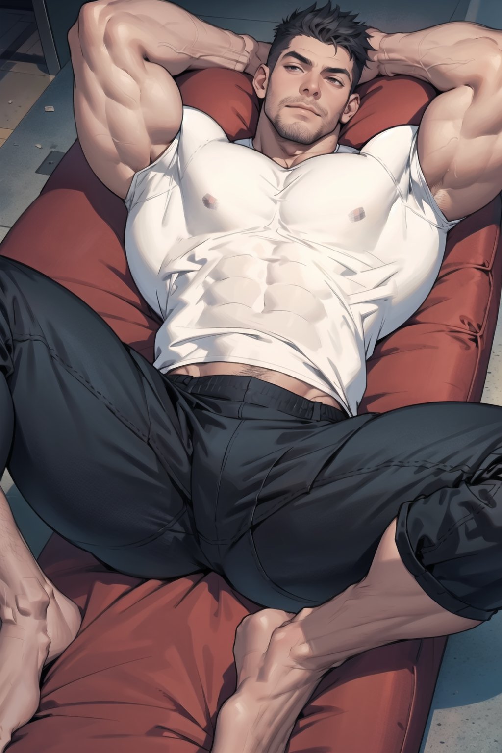 1guys, fabric pants,  t shirt, huge muscular, lying with legs spread wide apart, line art, no color