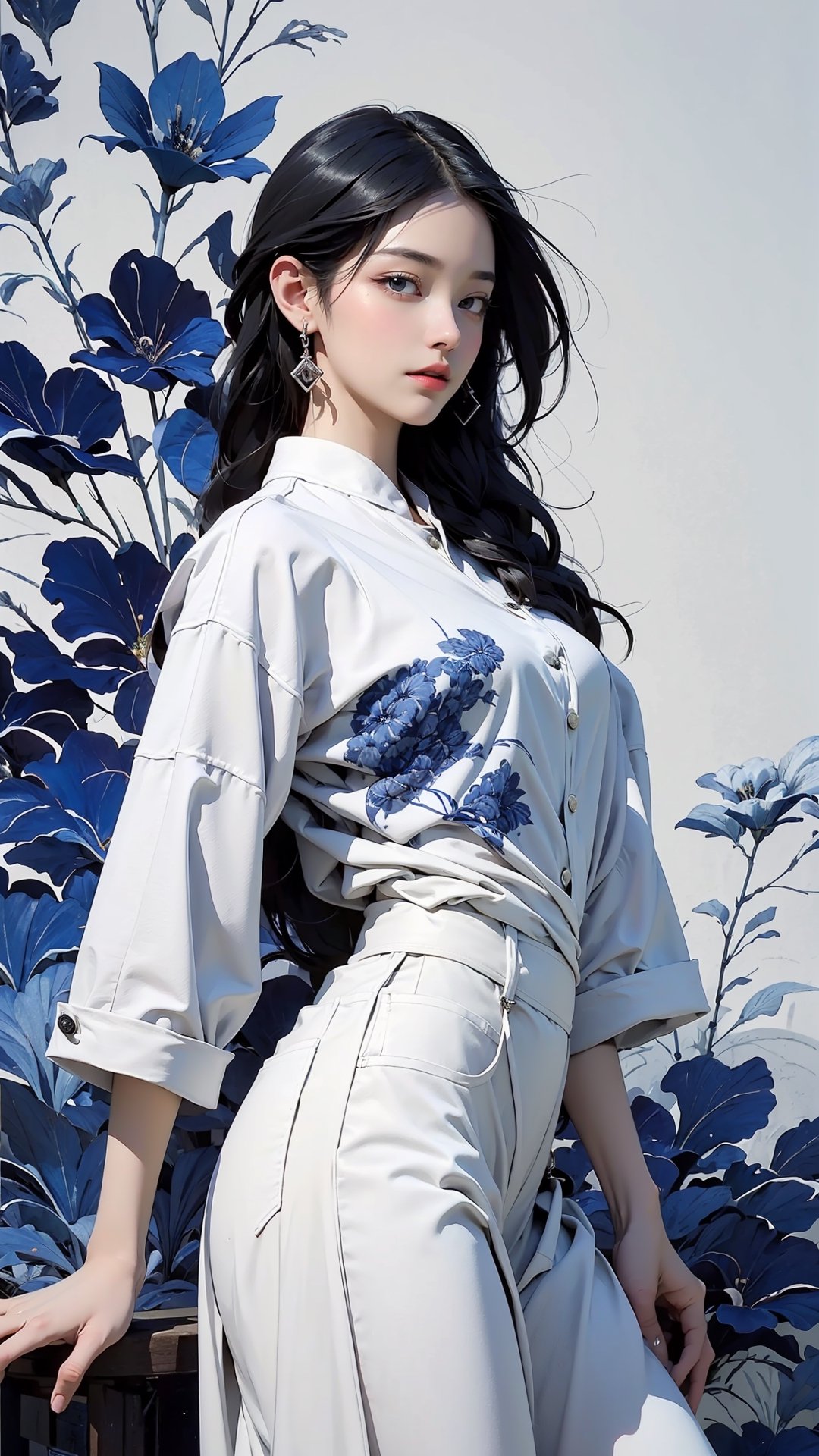 extreme detailed, (masterpiece), (top quality), (best quality), (official art), (beautiful and aesthetic:1.2), (stylish pose), (1 woman), (colorful), (indigo-white theme: 1.5), ppcp, medium length skirt, 	looking into distance, long wave black hair, 
perfect,ChineseWatercolorPainting