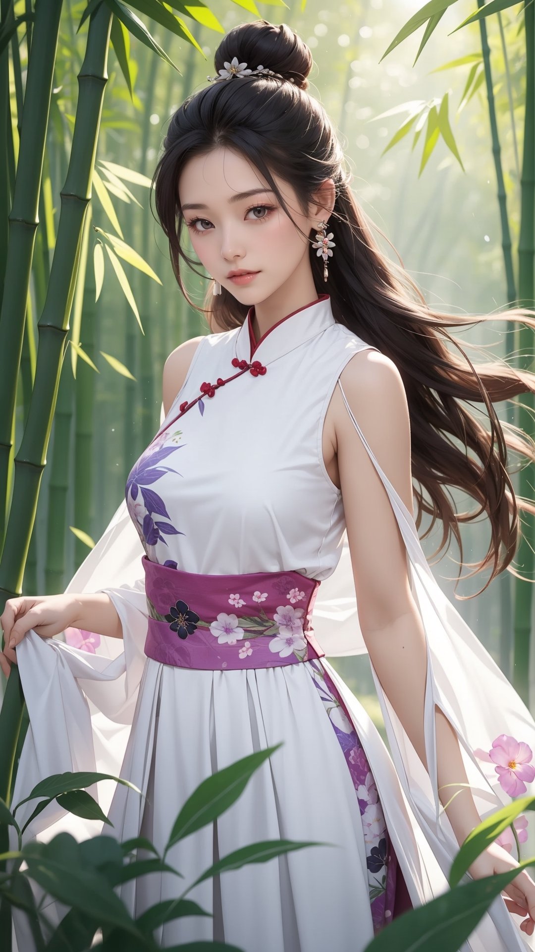 1girl,hair bun,bamboo forest, colorful flowers, chinese clothes, wearing sandals, hair ornament, black hair, long hair, earrings, jewelry, purple-white dress, upper body, windy, light through bamboo leaves, light flare,
masterpiece, best quality, ultra-detailed,