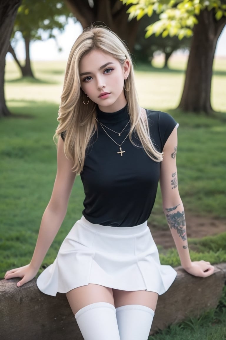 (masterpiece, best quality, high quality, perfect light, bright light)(1boy, solo, male focus, full_body, looking at viewer, close-up, straight hair, long hair, blonde hair, blunt bangs, smokey eyes, dark lipstick, eyeliner, choker, pendant earring, tattooed dragon, white knee-length skirt, ruffled petticoat, white Heeled Boots,sexy  pose)(forest, bush, grassland, lake),depth of field, better_hands