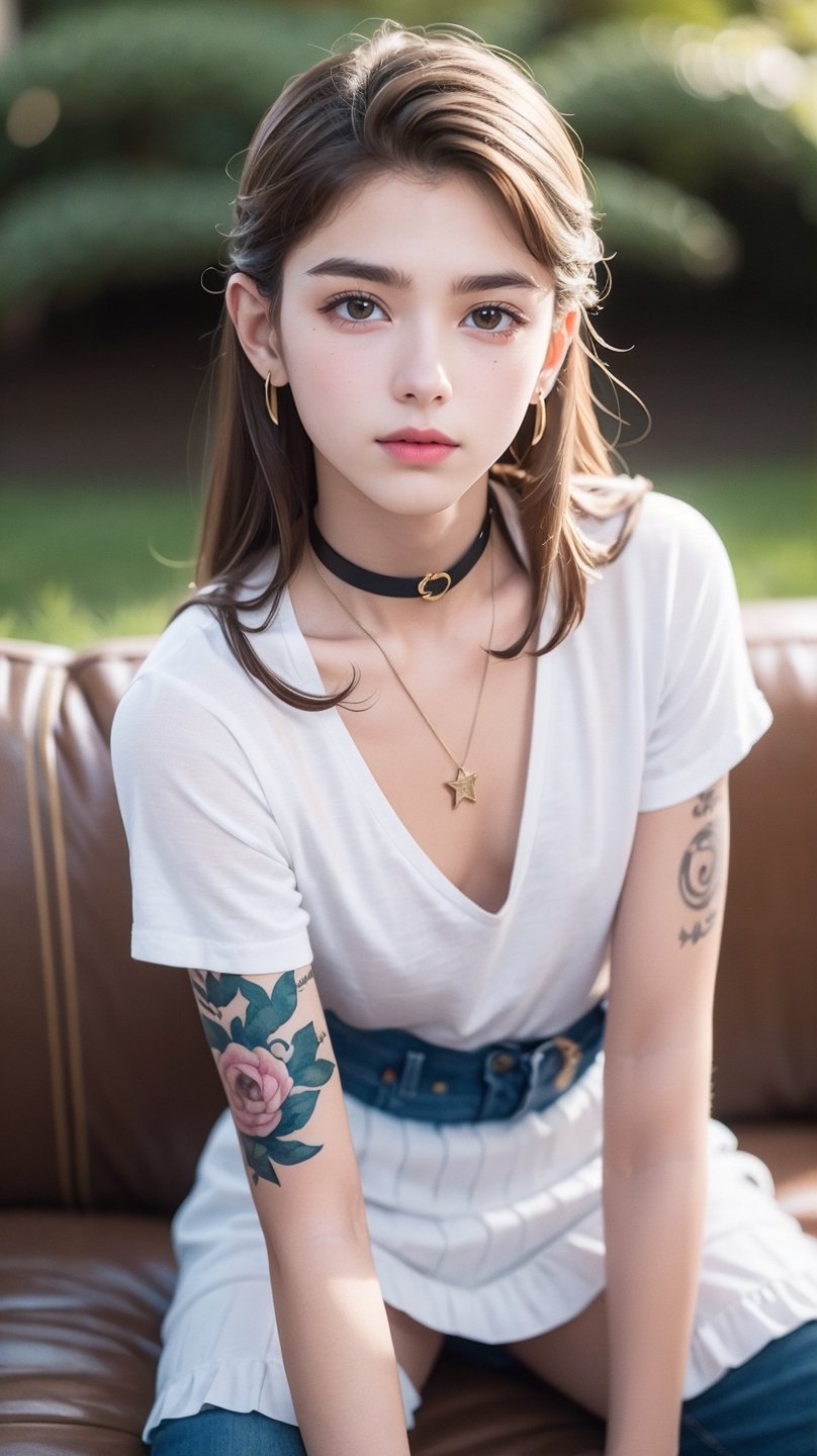 (masterpiece, best quality, high quality, perfect light, bright light)(1boy, solo, male focus, full_body, looking at viewer, close-up, straight hair, long hair, blonde hair, blunt bangs, smokey eyes, dark lipstick, eyeliner, choker, pendant earring, tattooed dragon, white knee-length skirt, ruffled petticoat, white Heeled Boots,sexy  pose)(forest, bush, grassland, lake),depth of field, better_hands