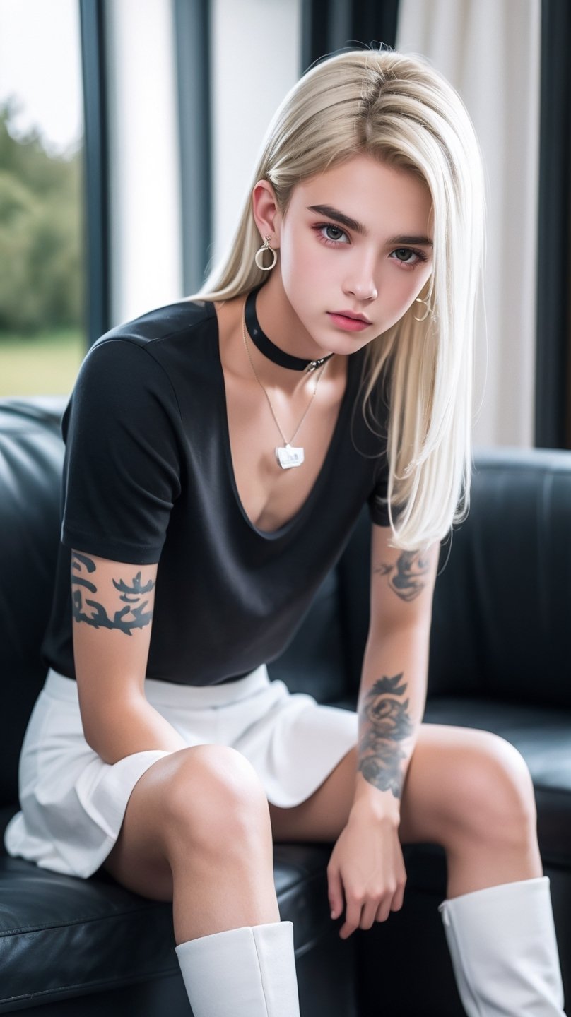 (masterpiece, best quality, high quality, perfect light, bright light)(1boy, solo, male focus, full_body, looking at viewer, close-up, straight hair, long hair, blonde hair, blunt bangs, smokey eyes, dark lipstick, eyeliner, choker, pendant earring, tattooed dragon, white knee-length skirt, ruffled petticoat, white Heeled Boots,sexy  pose)(forest, bush, grassland, lake),depth of field, better_hands