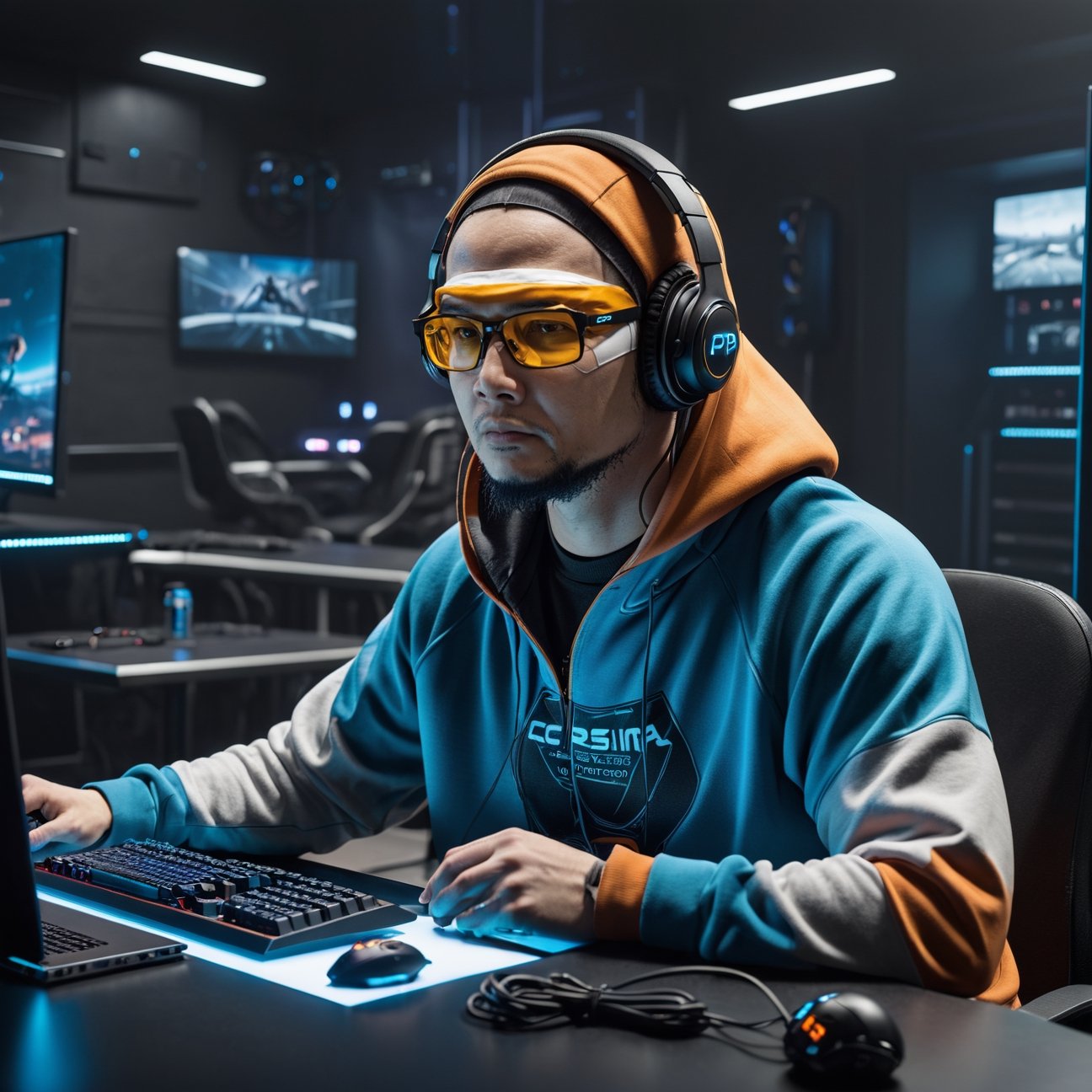 A physically 30 year character sitting onthe table wearing hoodie and headset, wearing glasses, face is not showing it is covered under hoodie, it is a gaming room, sitting straight seeing front , a long standing mic on the table, a very high quality futuristic PC behind the scene with a large screen, laptop in front of the character on the table,cip4rf