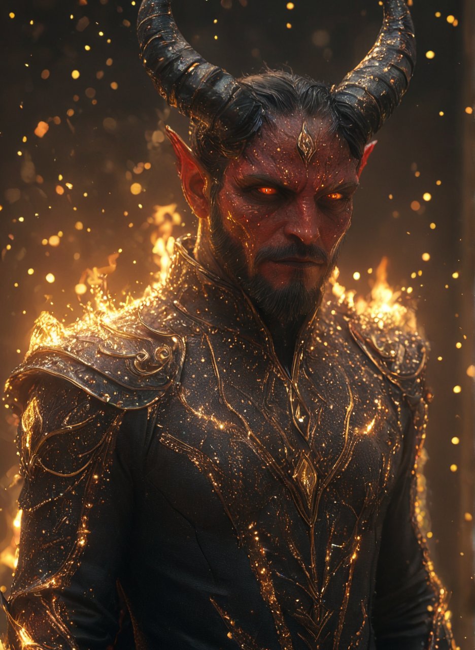 a beautiful man is wearing a devil costume and Horns on his front made of gold and fire, black skin, glowing light particles and sparkles in the style of glitter and diamond dust, hyper-realistic fire, fairycore, hkmagic, masterpiece, best quality, highly detailed, sharp focus, dynamic lighting,cip4rf,hkevil,tranzp