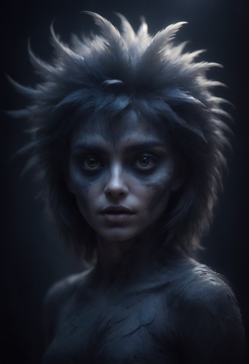 the skull is distorted by the twists and turns of a woman with dark hair, in the style of neon impressionism, dark blue and light black, photoillustration, made of feathers, expressive light and shadow, expressionist emotiveness
,dark