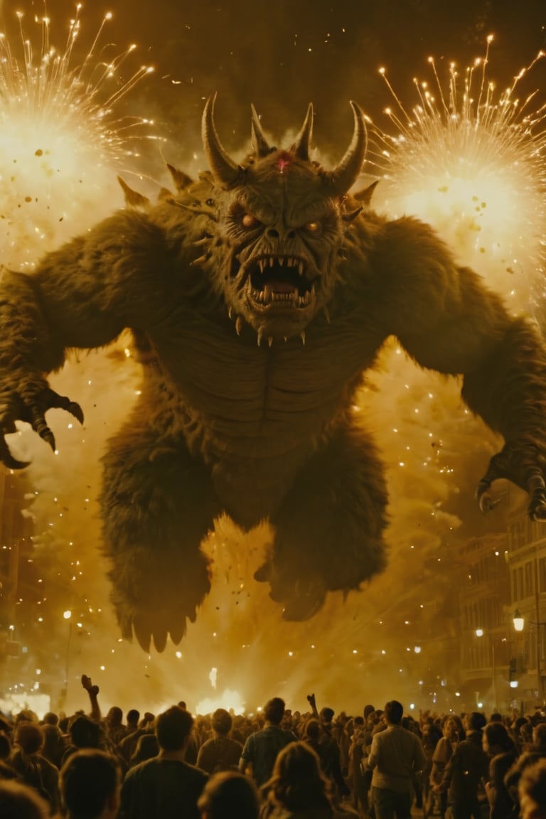 monster,((masterpiece, best quality)),photo, a monster flying in front of a run crowd of people, war, shoots lasers from the chest, night blury a running crowd people on background, bokeh lens, detailmaster2,robot,detailmaster2,HellAI,Movie Still,Explosion Artstyle,biopunk style,biopunk