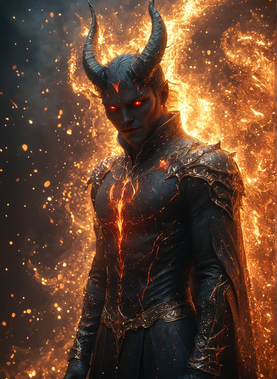 a beautiful man is wearing a devil costume and Horns on his front made of gold and fire, glowing light particles and sparkles in the style of glitter and diamond dust, hyper-realistic fire, fairycore, hkmagic, masterpiece, best quality, highly detailed, sharp focus, dynamic lighting,cip4rf,hkevil