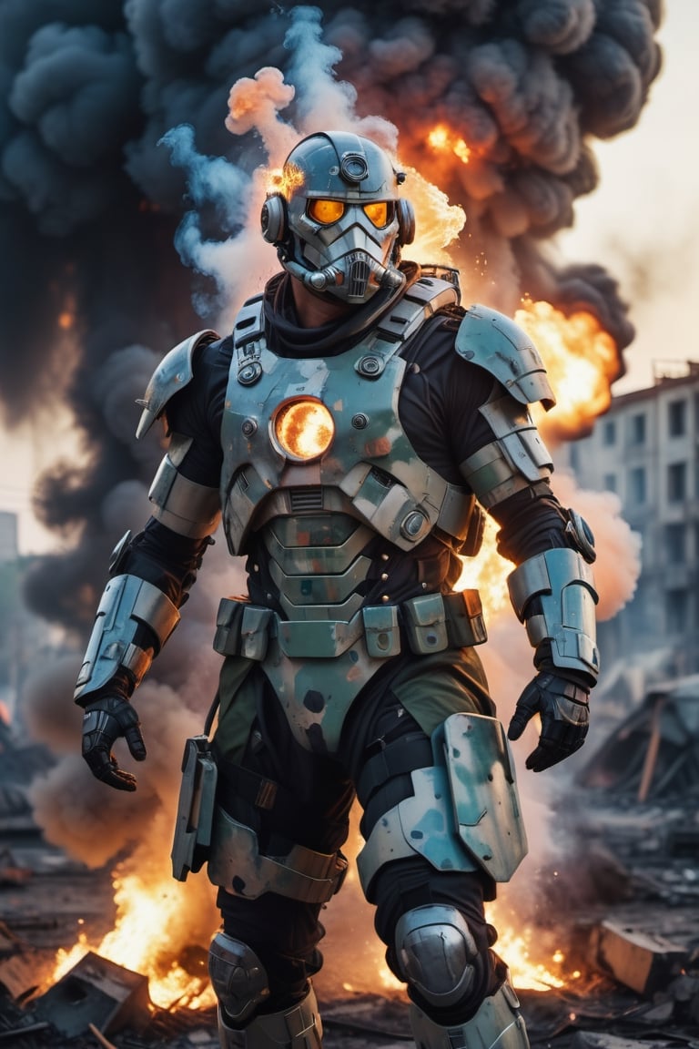 futuristic cyborg [Battlefield] photo of a [27 yo man], round face, full body, [professional soldier], [camouflage uniform], [defensive position], [smoke and explosions], [European setting], [late afternoon dusk lighting], [high camera angle], [long zoom lens medium format camera], in the style of [Apocalypse Now],cyborg style,detailmaster2,Explosion Artstyle