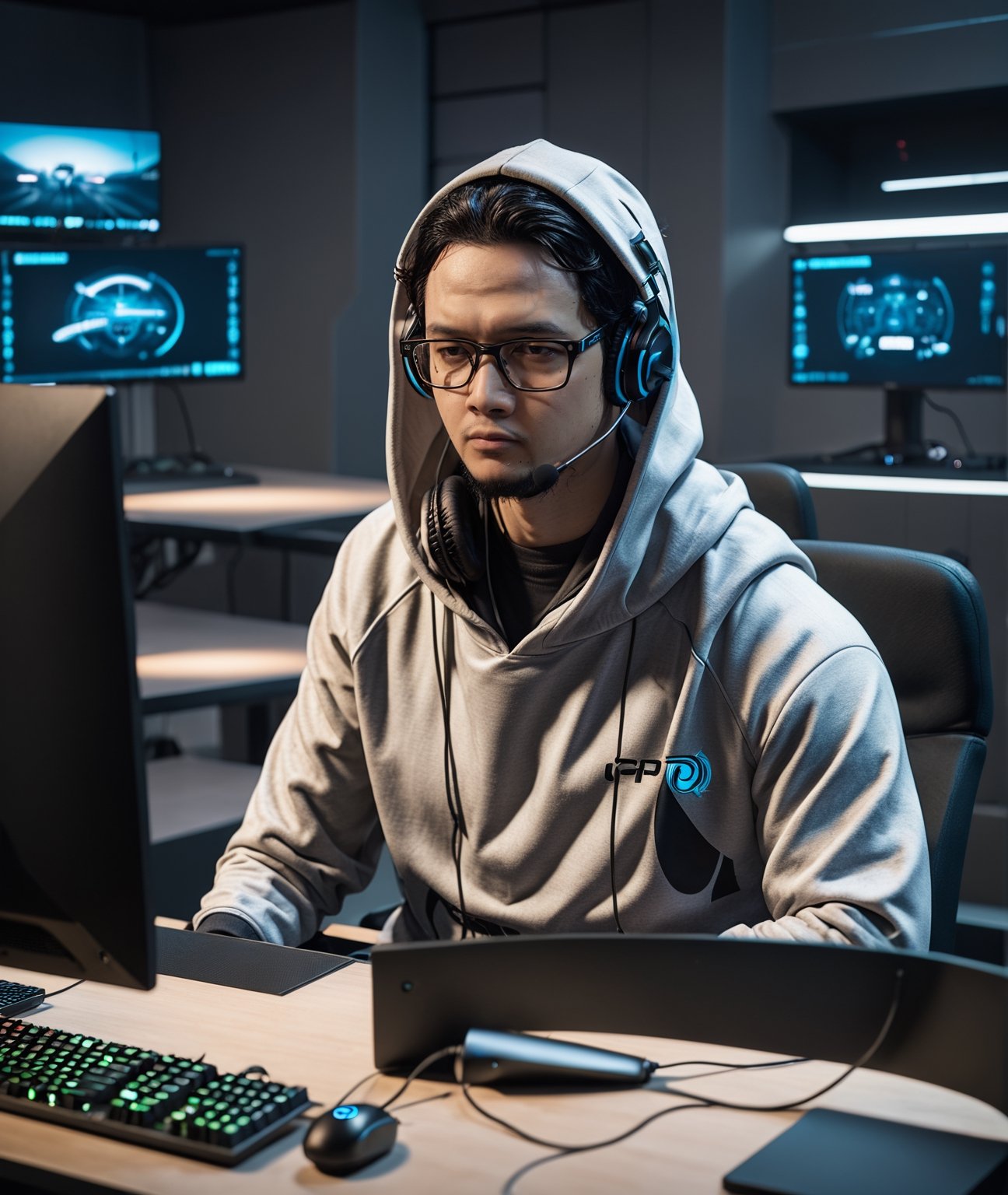 A physically 30 year character sitting onthe table wearing hoodie and headset, wearing glasses, face is not showing it is covered under hoodie, it is a gaming room, sitting straight seeing front , a long standing mic on the table, a very high quality futuristic PC behind the scene with a large screen, laptop in front of the character on the table,cip4rf