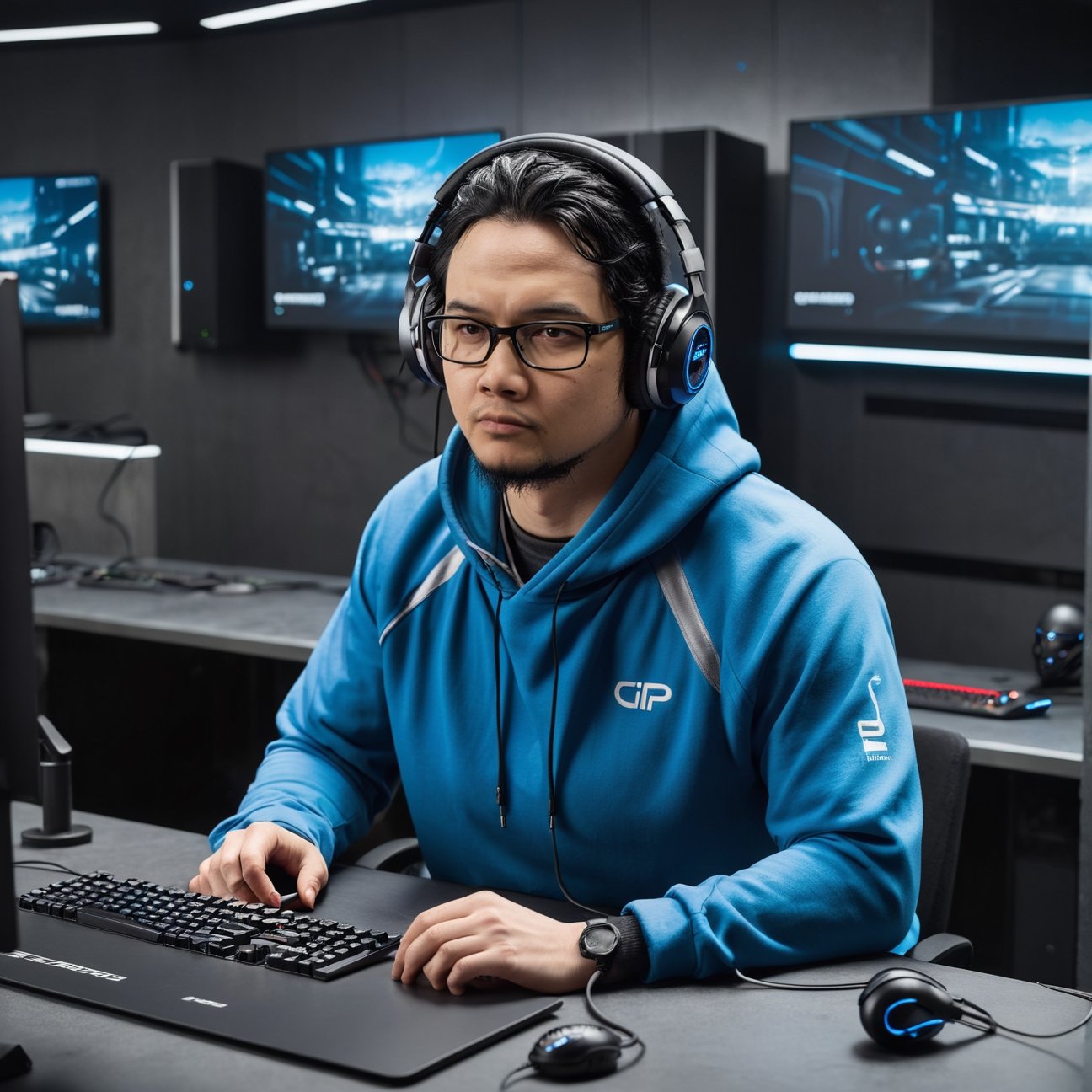 A physically 30 year character sitting onthe table wearing hoodie and headset, wearing glasses, face is not showing it is covered under hoodie, it is a gaming room, sitting straight seeing front , a long standing mic on the table, a very high quality futuristic PC behind the scene with a large screen, laptop in front of the character on the table,cip4rf